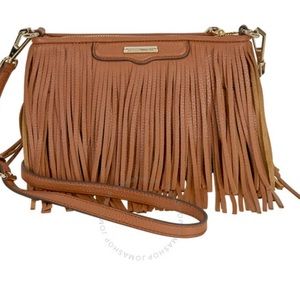 REBECCA MINKOFF Finn Leather Crossbody - Almond/Light Gold (fringe crossbody)